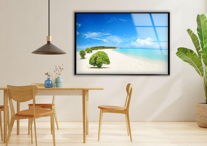 Modern glass artwork of a peaceful island shore with a stunning ocean view.
