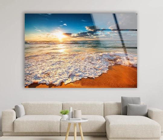 Beach Wave & Sunrise Glass Wall Art glass art painting, glass art for the Wall