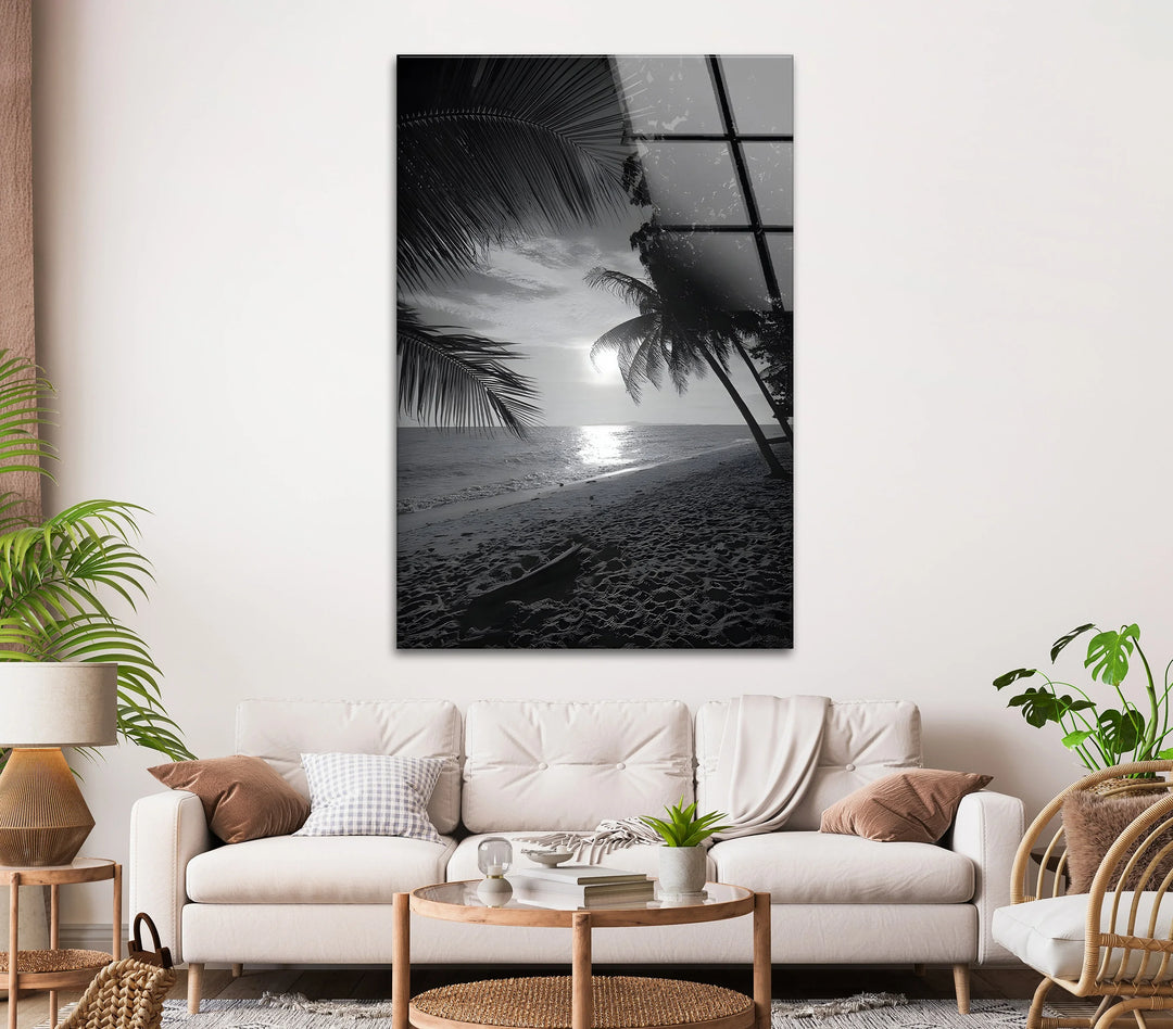 Relaxing Beach Getaway - Black and White Coastal Glass Wall Art
