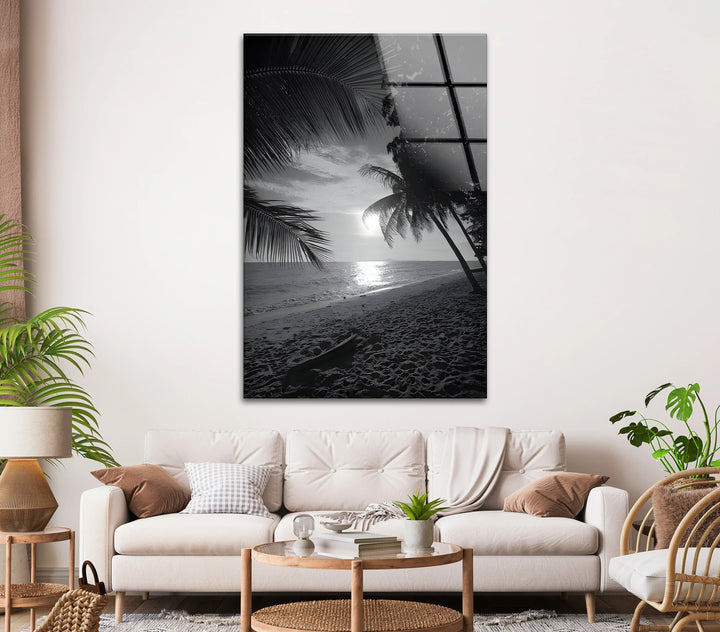 Relaxing Beach Getaway - Black and White Coastal Glass Wall Art
