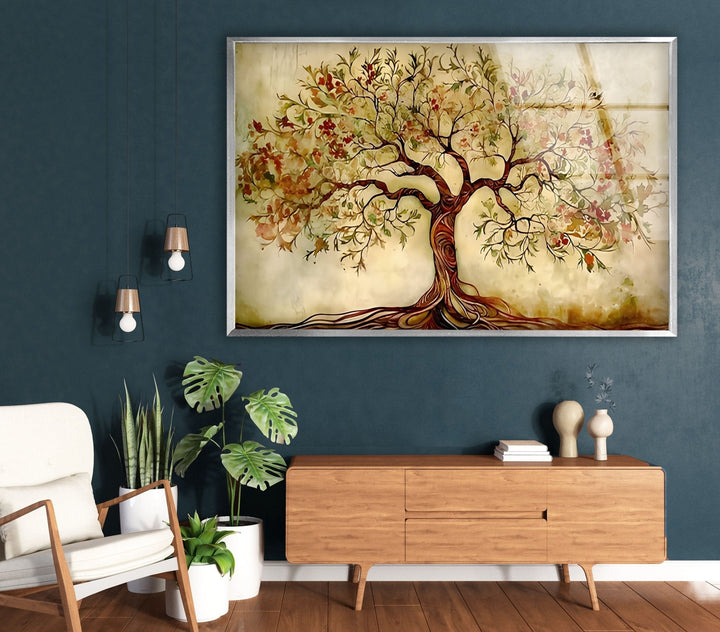 Beautiful Beige Tree Glass Wall Art print picture on glass, Tempered Glass Wall Art
