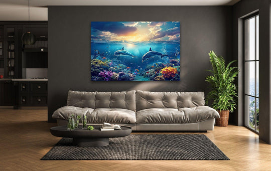 Beautiful dark blue dolphins swim in the ocean depths in this animal canvas wall art and underwater sea life decor creating ocean beauty for your home