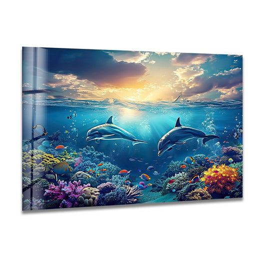 Beautiful dark blue dolphins glass wall art shows two dolphins swimming near colorful coral reef a perfect ocean beauty glass art print