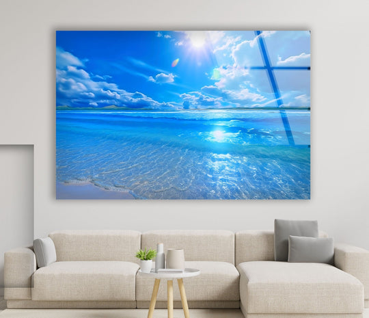 Crystal-Clear Beach and Ocean Scene – A Stunning Glass Wall Art Print
