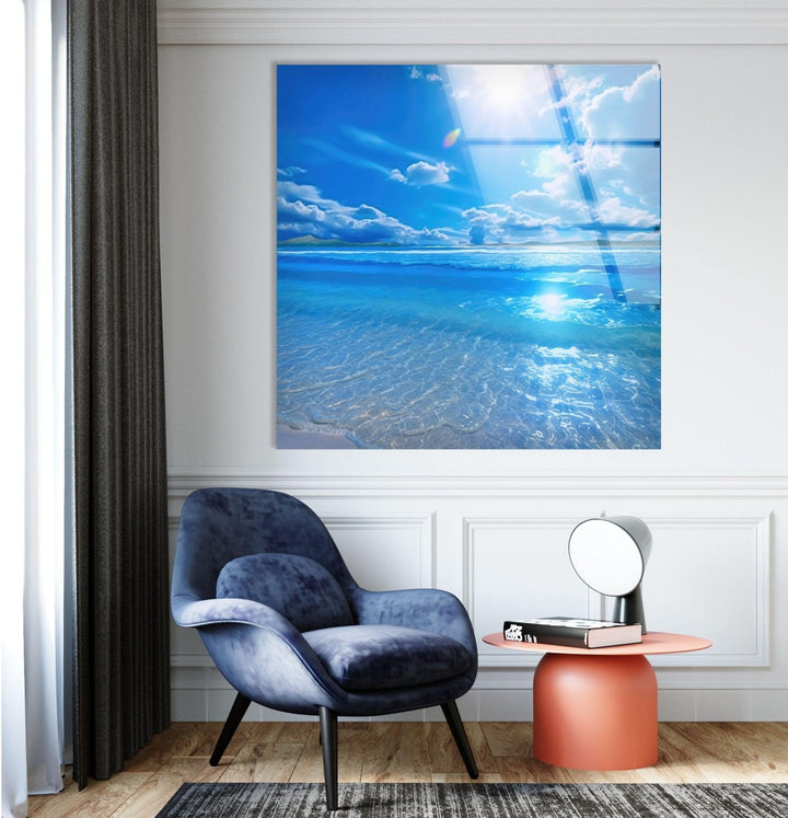 Blue Ocean Horizon Glass Wall Art – A Refreshing and Calming Interior Accent
