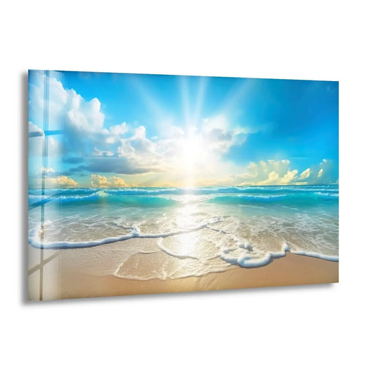 Beautiful sunset and ocean glass wall art shows sea waves and bright sun coastal print and serene landscape decor