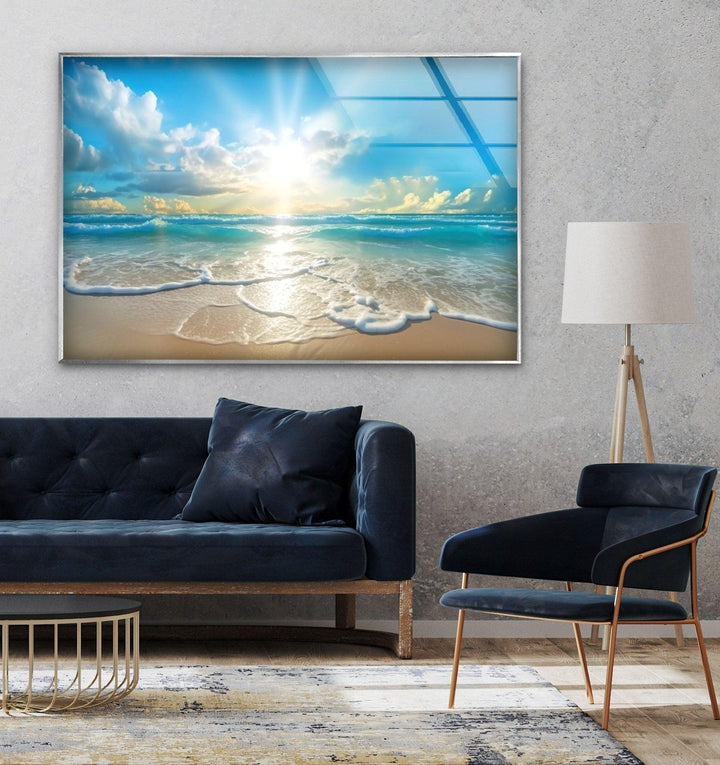 Beautiful Sunset & Ocean Glass Wall Art glass art painting, glass art for the Wall
