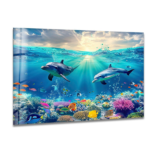Beautiful underwater dolphins glass wall art shows ocean animals and coral reefs and it is vibrant ocean decor and a sea life animal art print and beautiful wall decor
