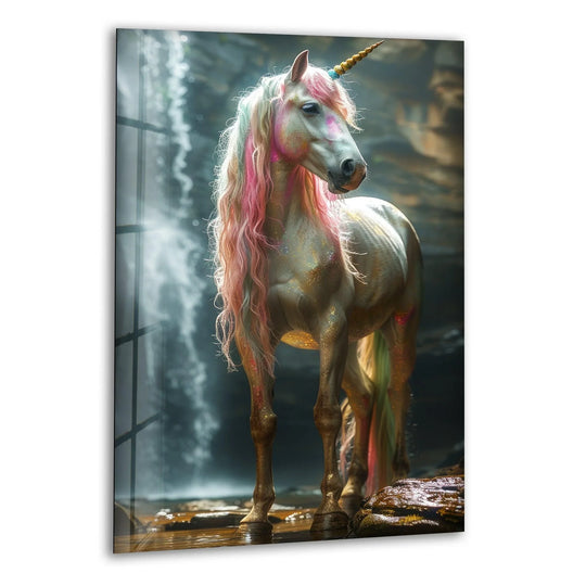 A magical unicorn stands in a glittering waterfall, a captivating glass art painting.