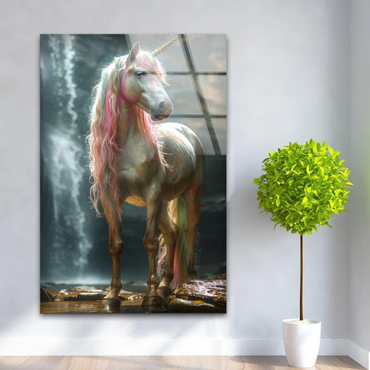 A magical unicorn with a mane transitioning from soft pink to subtle green accents adorns these captivating wall art prints.