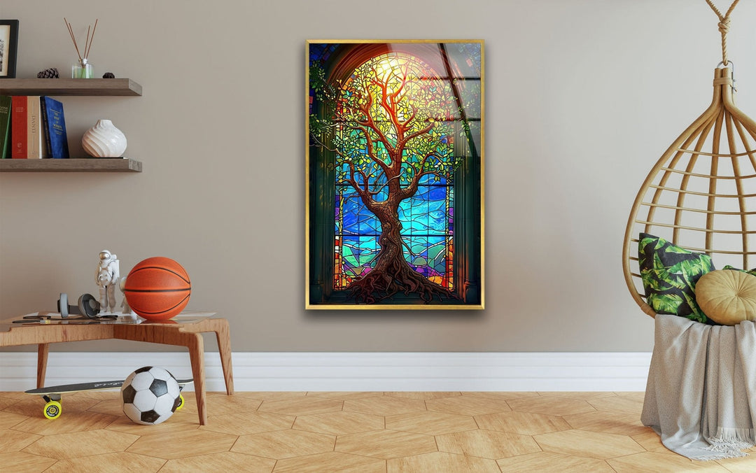 Beautiful Yellow Life of Tree Glass Wall Art photo print on glass, prints on glass wall art
