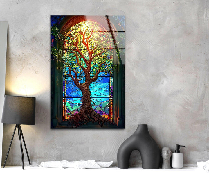 Beautiful Yellow Life of Tree Glass Wall Art custom glass pictures, glass art prints
