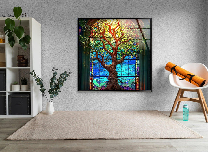 Beautiful Yellow Life of Tree Glass Wall Art Glass Printing Wall Art, Print photos on glass
