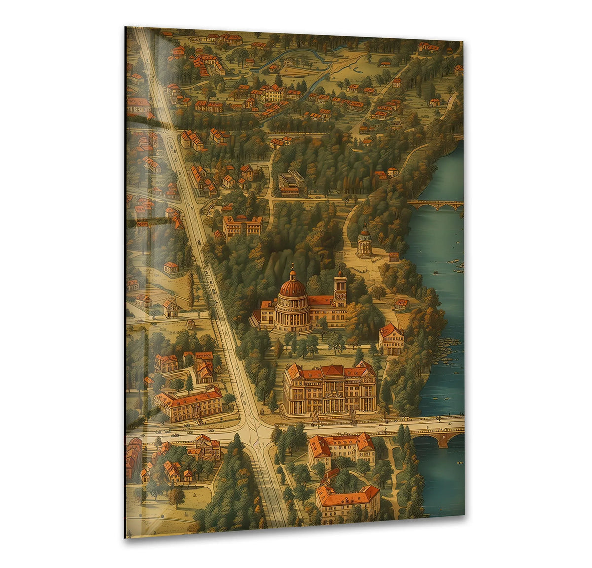 The background reveals an antique map of Berlin, a sophisticated hanging wall art piece printed on glass, showcasing the city's historical layout.