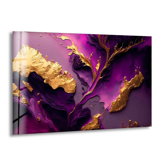 A splash of gold and purple abstract home decor features sharp geometric shapes and organic liquid flows.