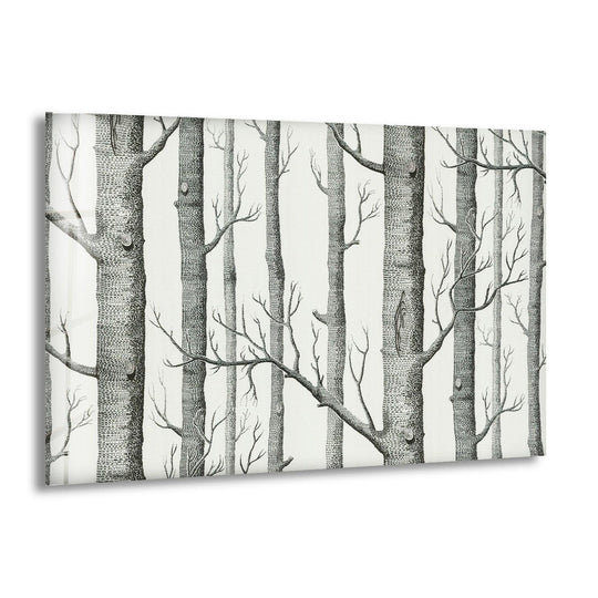 Monochrome Birch Forest Glass Wall Art showcasing a minimalist nature print with intricate birch tree details.
