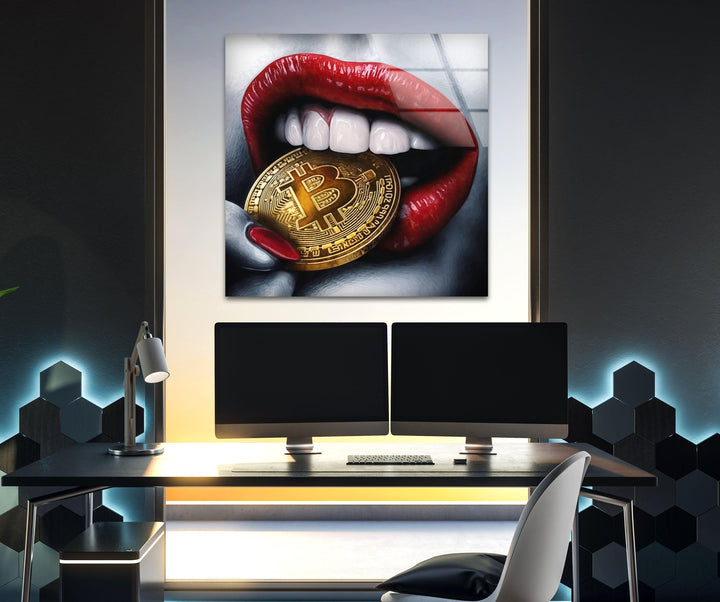 Bitcoin & Red Lips Glass Wall Art glass photo prints, glass picture prints
