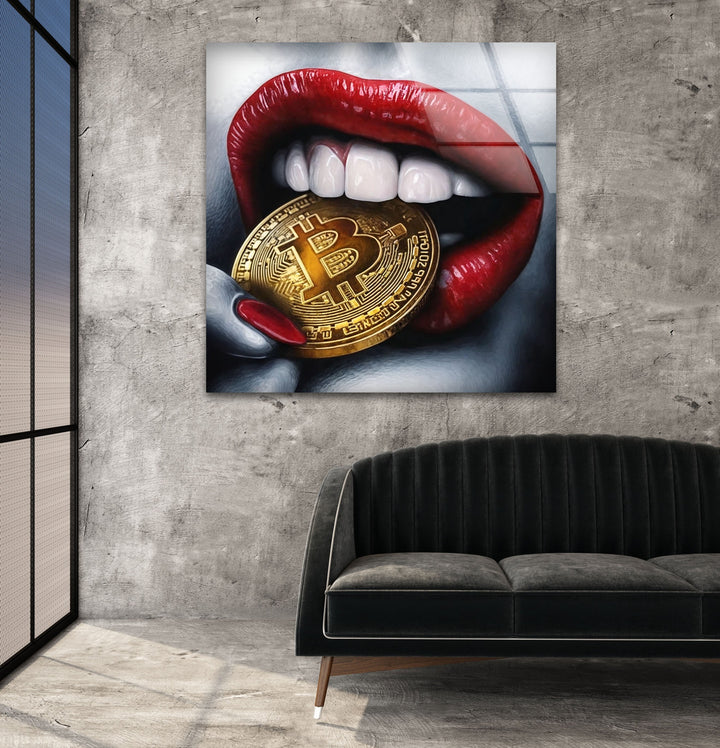 Bitcoin & Red Lips Glass Wall Art picture on glass wall art, photos printed on glass
