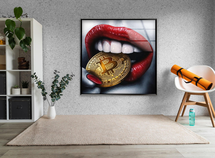 Bitcoin & Red Lips Glass Wall Art print on glass, glass printed photos
