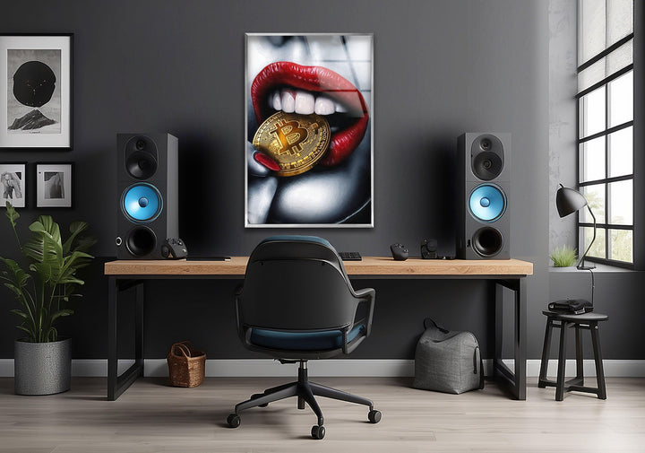 Bitcoin & Red Lips Glass Wall Art glass image printing, glass prints from photos
