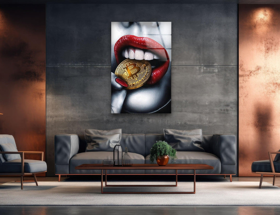 Bitcoin & Red Lips Glass Wall Art glass pictures for Wall, glass prints wall art

