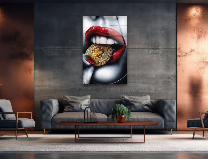 Bitcoin & Red Lips Glass Wall Art glass pictures for Wall, glass prints wall art
