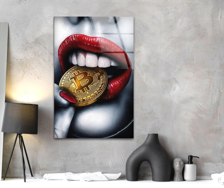 Bitcoin & Red Lips Glass Wall Art custom glass pictures, glass art prints
