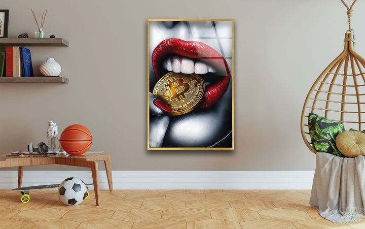 Bitcoin & Red Lips Glass Wall Art photo print on glass, prints on glass wall art
