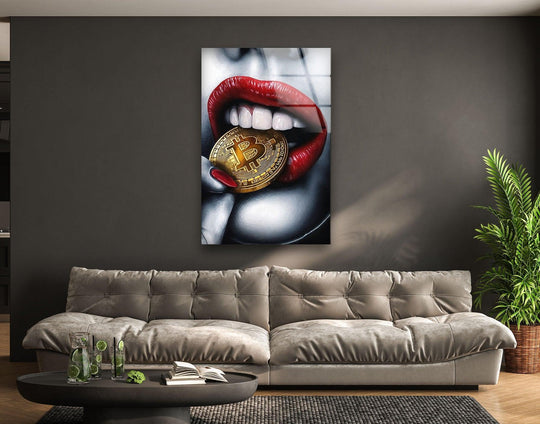 Bitcoin & Red Lips Glass Wall Art Glass Printing Wall Art, Print photos on glass
