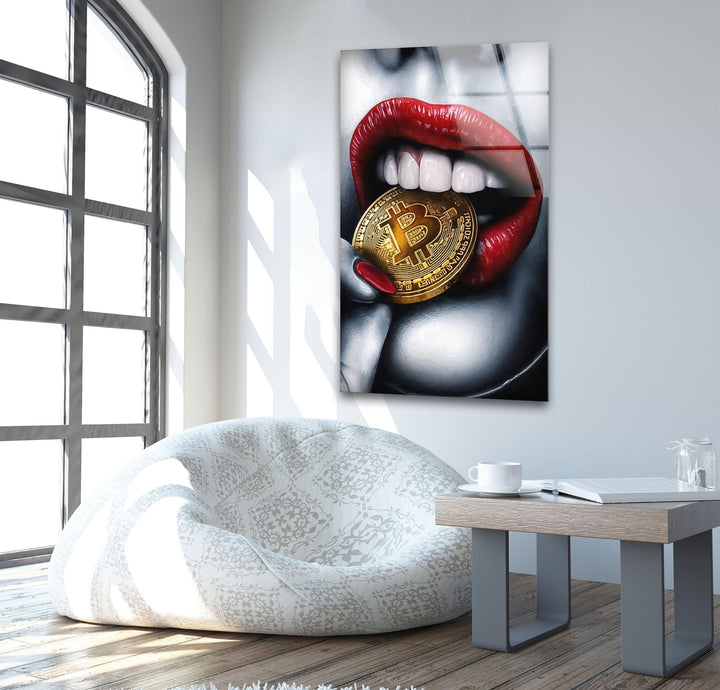 Bitcoin & Red Lips Glass Wall Art large glass photo prints, glass wall photos
