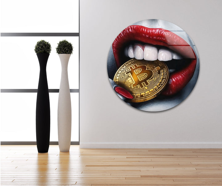 Bitcoin & Red Lips Glass Wall Art custom glass photo prints, large glass prints
