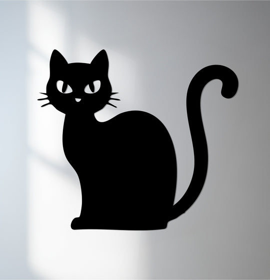 Negative space accentuates the sleek silhouette of the black cat in this unique metal wall art piece, creating a visually striking Halloween decoration.