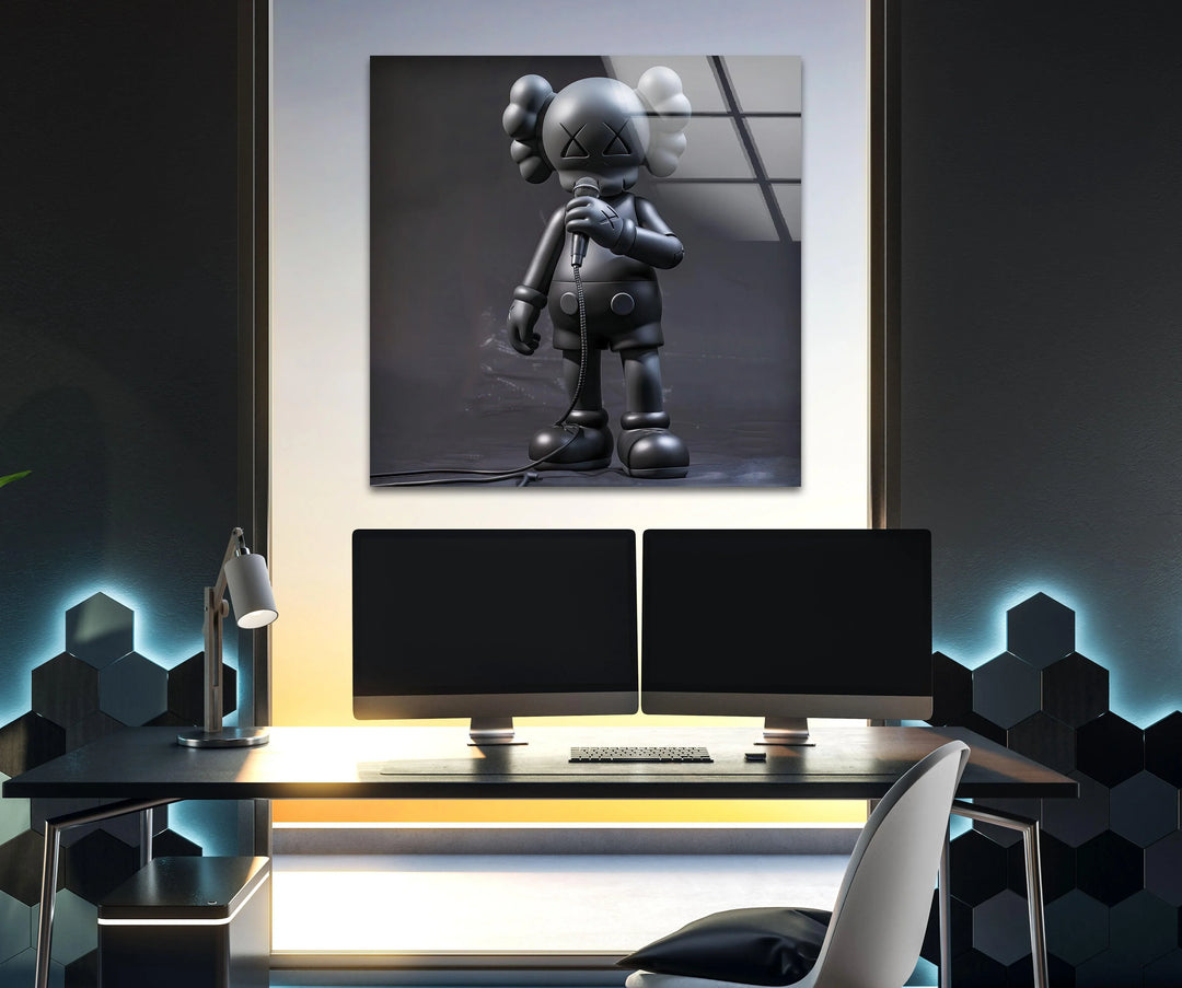 Designer toy inspired figure with microphone in stylish art print.
