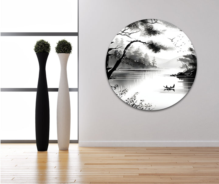 Striking black and white wall art featuring a scenic lake landscape, perfect for enhancing any decor.