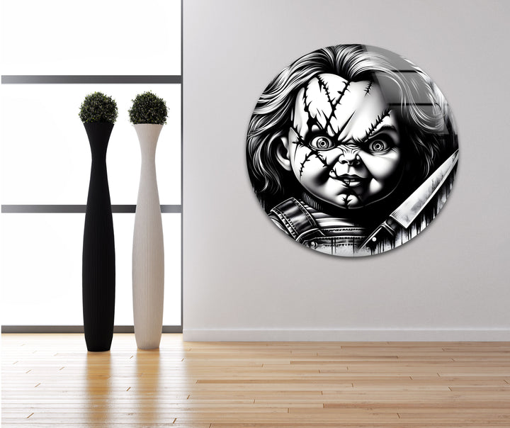Striking black and white wall art featuring Chucky in a dramatic and chilling artistic rendering.