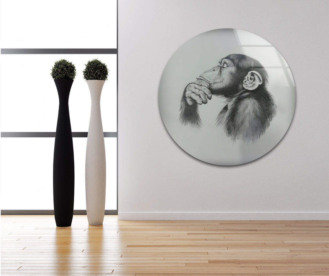 Schwarz-Weiß-Zeichnung Affe Glas Wandkunst