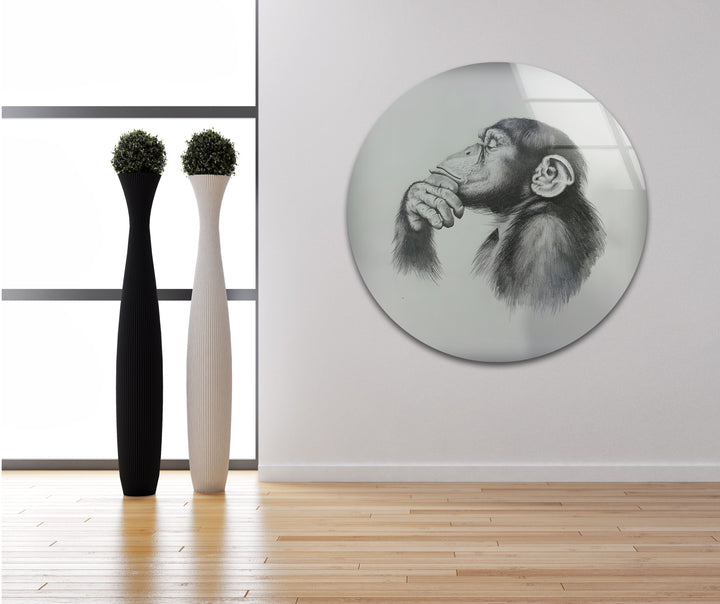 Schwarz-Weiß-Zeichnung Affe Glas Wandkunst