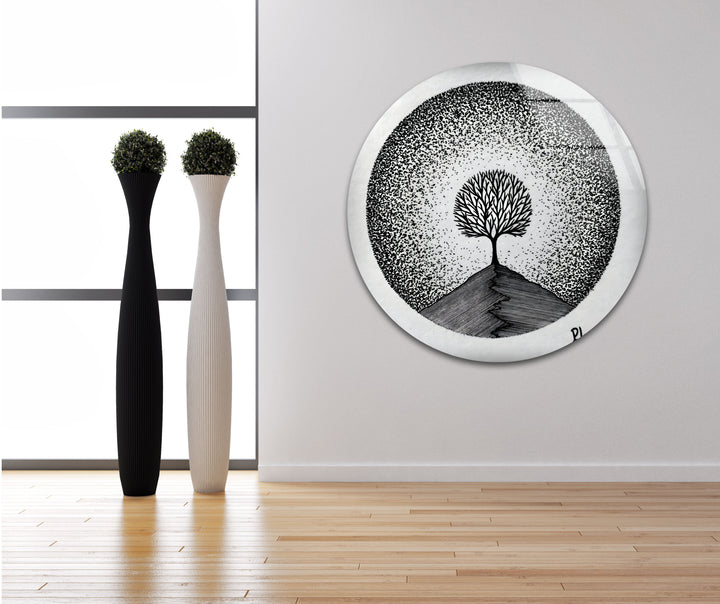 Schwarz-Weiß-Baumzeichnung Glaswandkunst