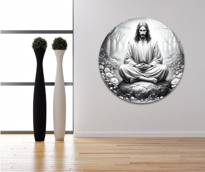 Black And White Drawing Jesus Glass Wall Art