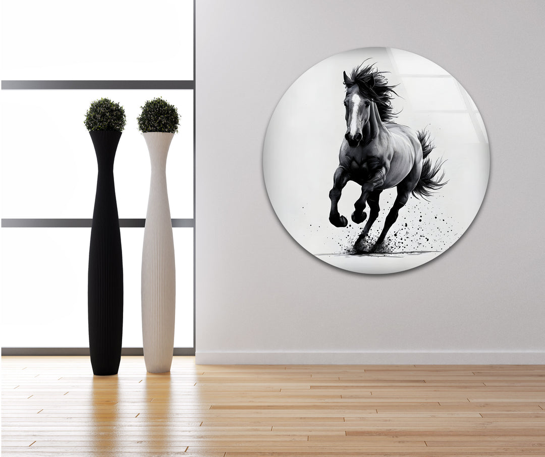 Glaswandkunst „Laufendes Pferd“ in Schwarz und Weiß