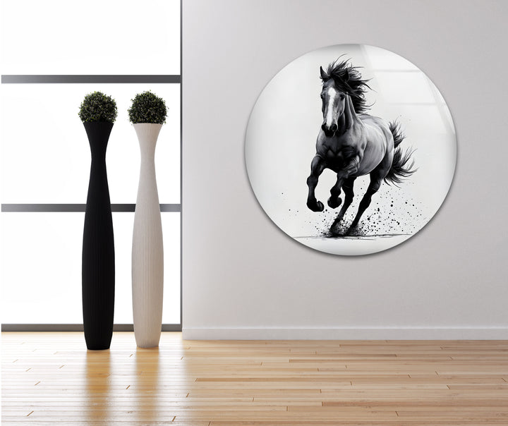 Glaswandkunst „Laufendes Pferd“ in Schwarz und Weiß