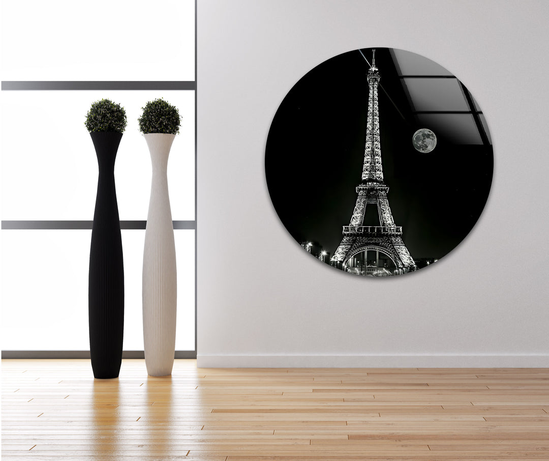Schwarz-weiße Glaswandkunst mit Eiffelturm