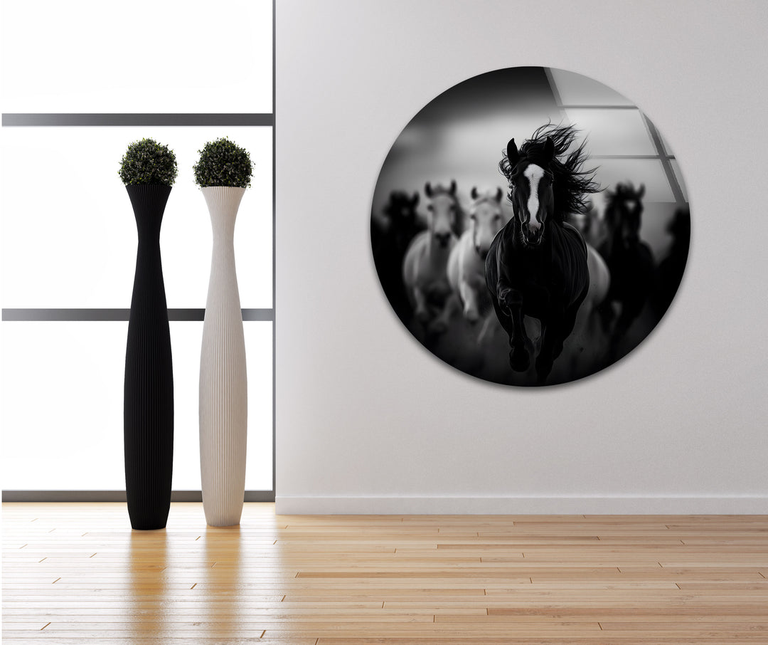 Striking black and white wall art showcasing the raw energy and strength of running horses in an artistic composition.