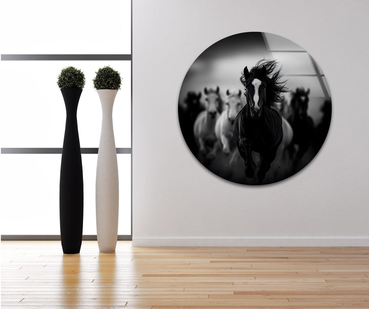 Striking black and white wall art showcasing the raw energy and strength of running horses in an artistic composition.