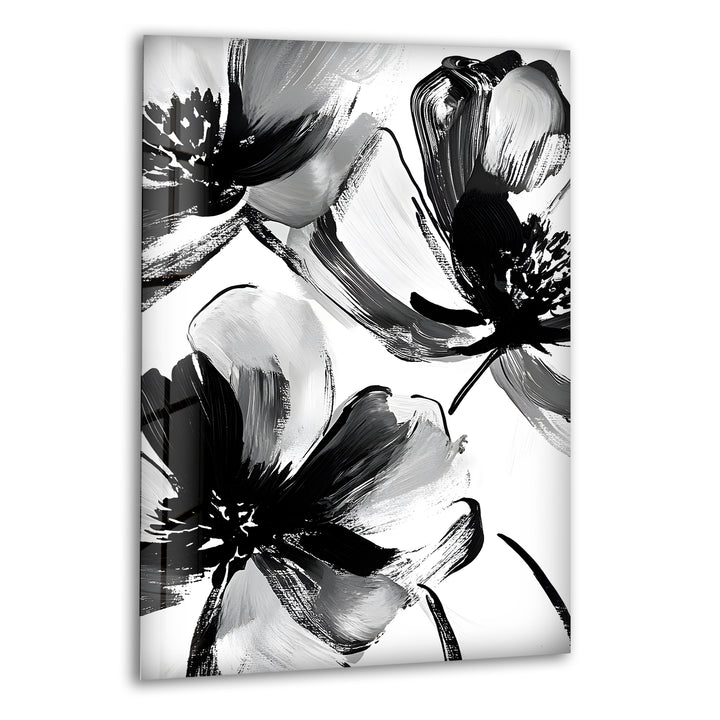 Abstrakte florale Eleganz: Schwarz-weiße Glaswandkunst