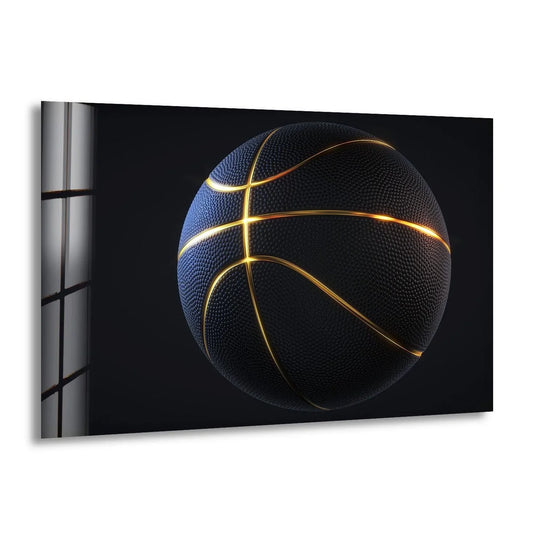 The basketball is a black and gold sports decor piece of glass wall art and luxurious sports art for a refined basketball wall art statement