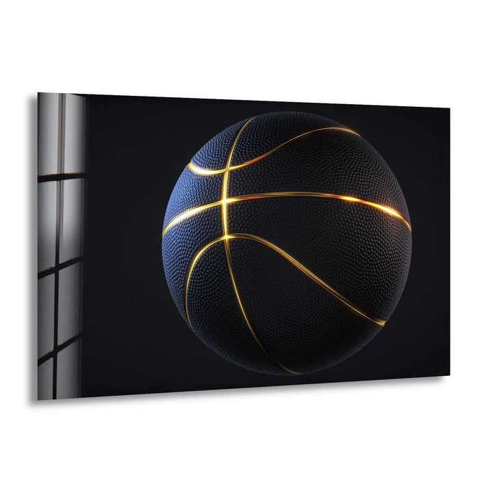 Black and gold basketball floating on a dark background in modern glass wall art.