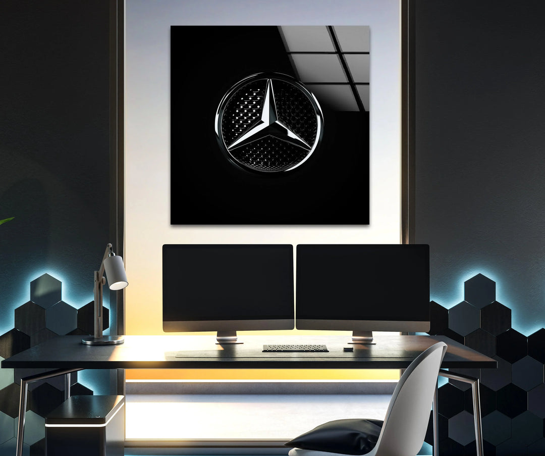 Reflective chrome star design centered on a glossy black glass panel with modern styling.