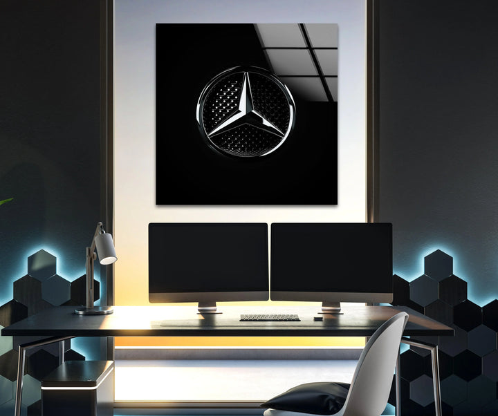 Reflective chrome star design centered on a glossy black glass panel with modern styling.