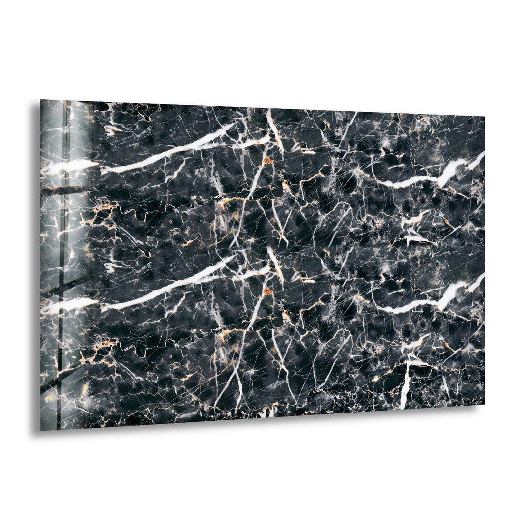 Black marble glass wall art featuring bold white veining in a modern abstract pattern.